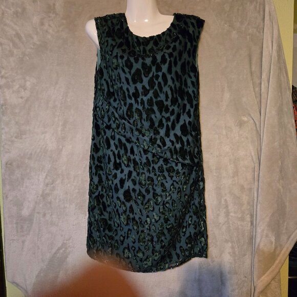 Emporio Armani XS Whimsy Goth‎ Velvet Dark green Leopard Sleeveless Shift Dress - Picture 8 of 12